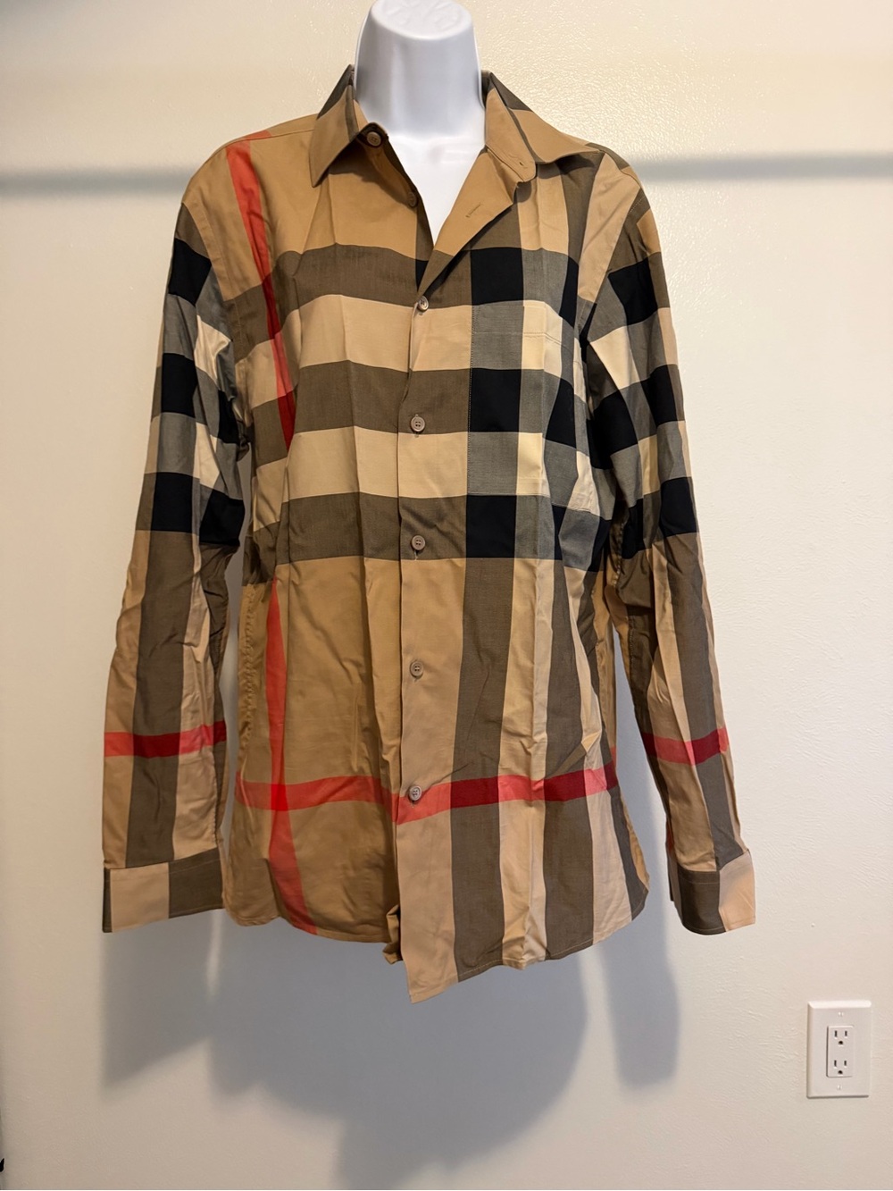 Burberry Beige and Black Plaid Shirt Jacket with Red Accents